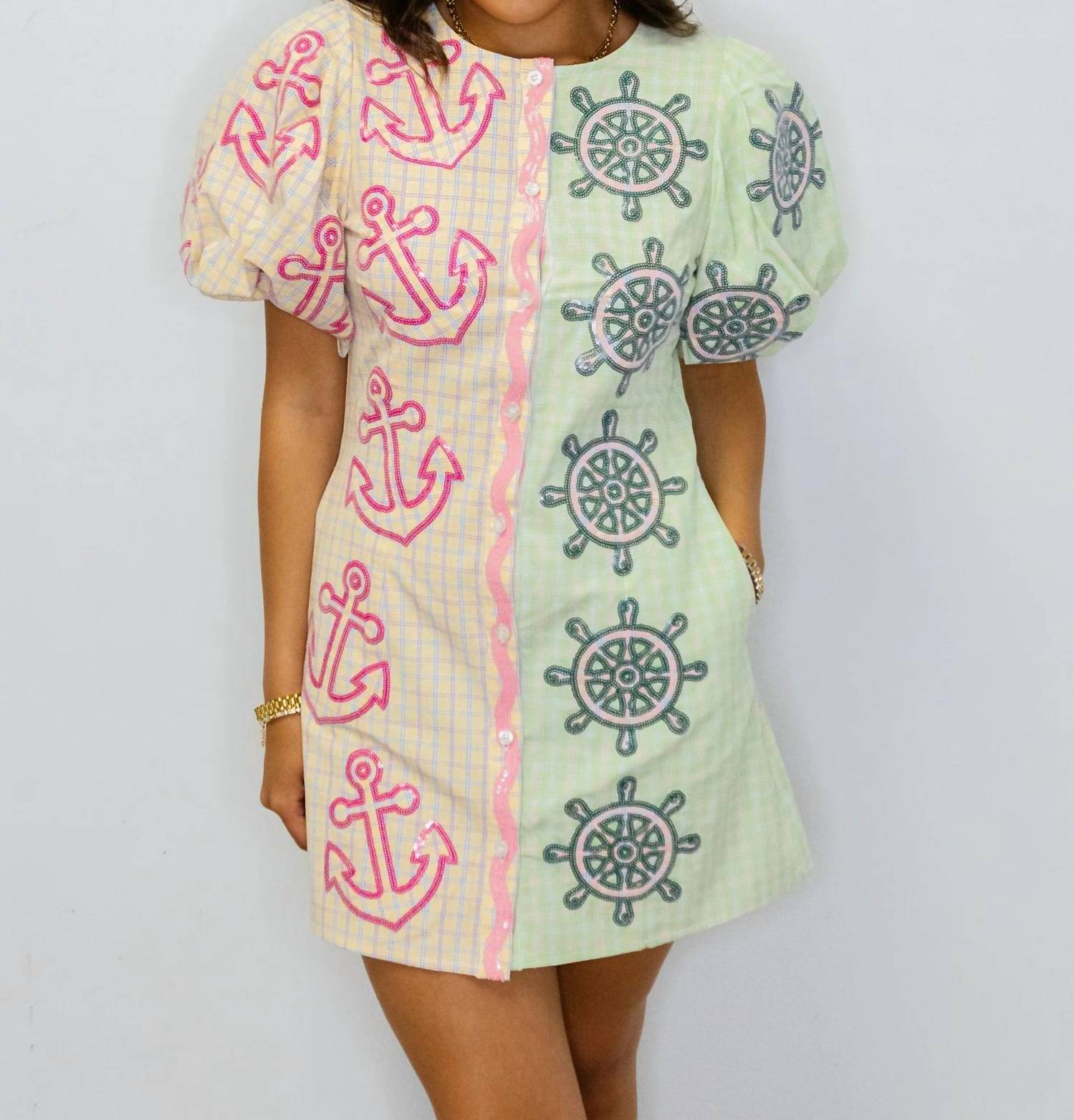 Queen Of Sparkles - Colorblock Plaid Anchor Button Up Poof Sleeve Dress