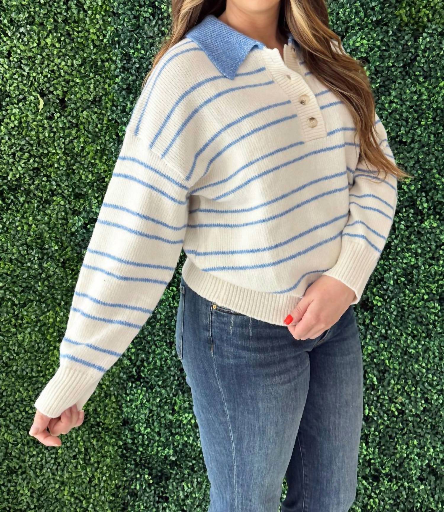 Tcec - Collared Striped Knit Half Button Pullover