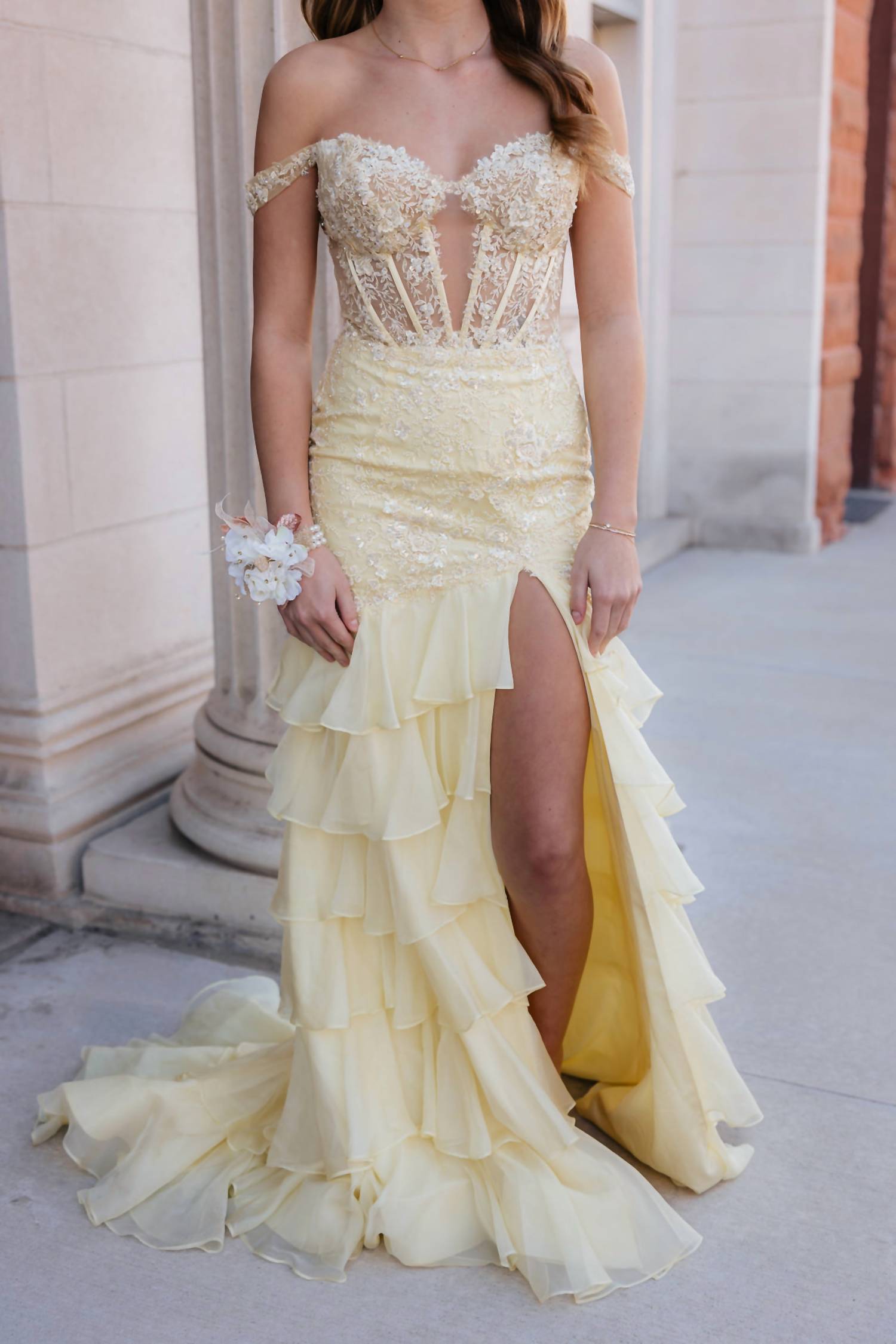 Sherri Hill Off The Shoulder Fitted Prom Dress in yellow - women's dress - view 4