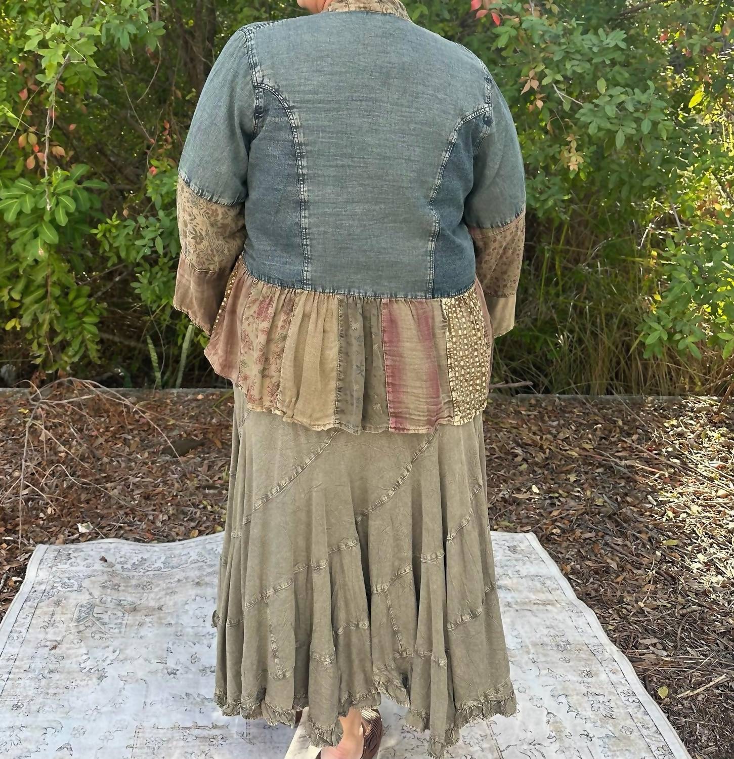 Young Threads - Bell Sleeve Patchwork Denim Kimono Shrug