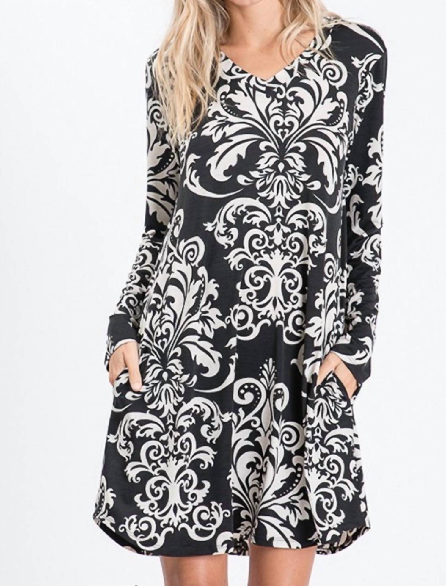 Heimish Usa - Damask Print Long Sleeve V-neck Swing Dress With Pockets