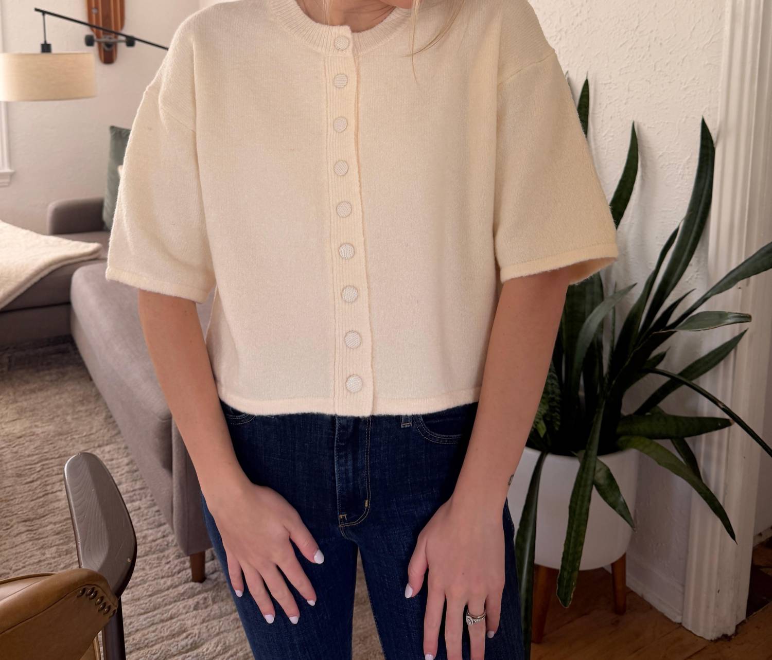 PINCH Knit Short Sleeve Button Cardigan Top in cream - women's cardigan - detail view