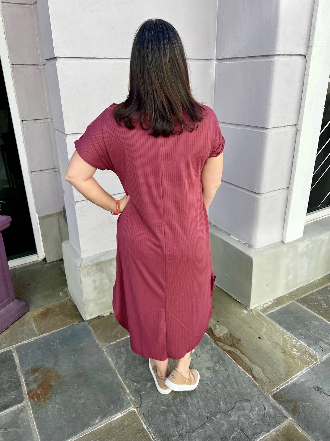 Entro - Solid Ribbed Off-Shoulder Short Sleeve Midi Dress
