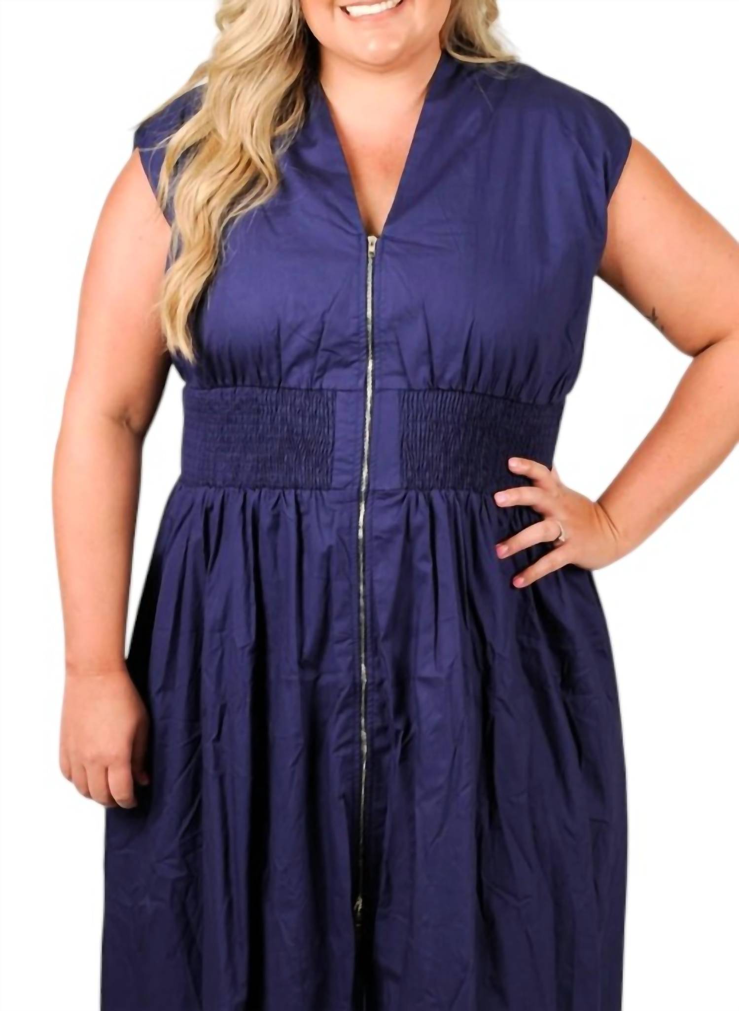 SHE + SKY Sunday Stroll Smocked Midi Dress in navy blue - women's dress - detail view