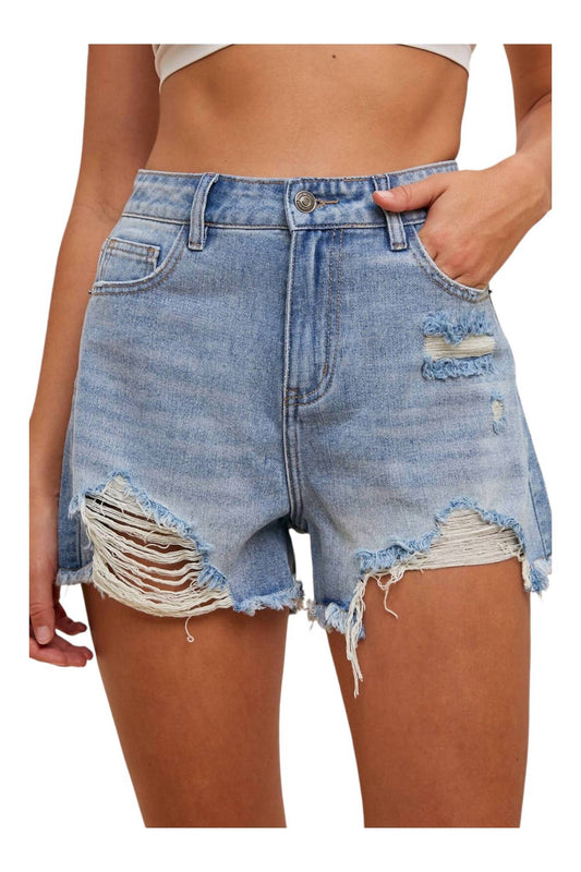 Anniewear - High Rise Distressed Denim Shorts