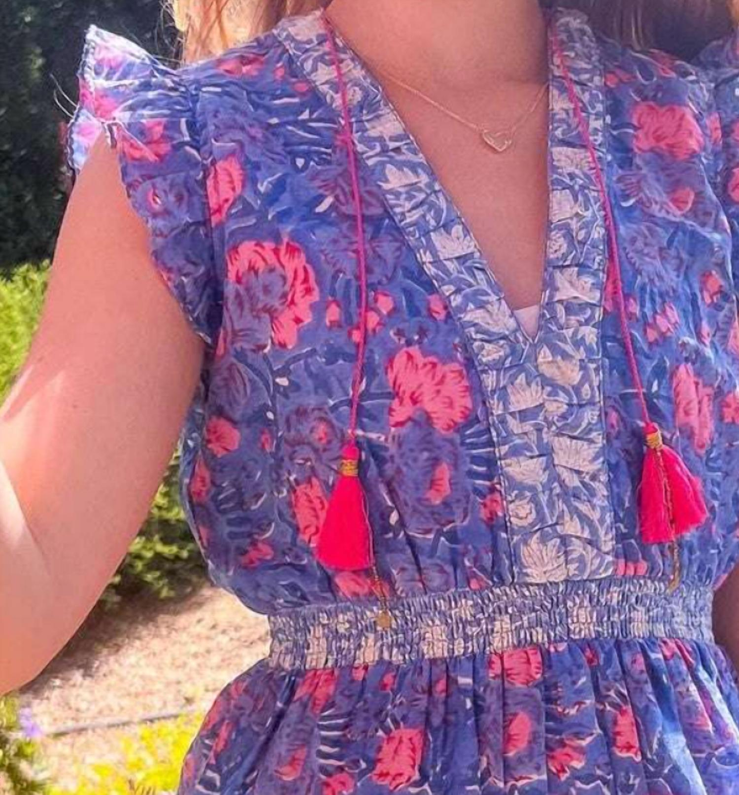 BELL Olivia A-Line Dress in blue pink print - women's dress - detail view