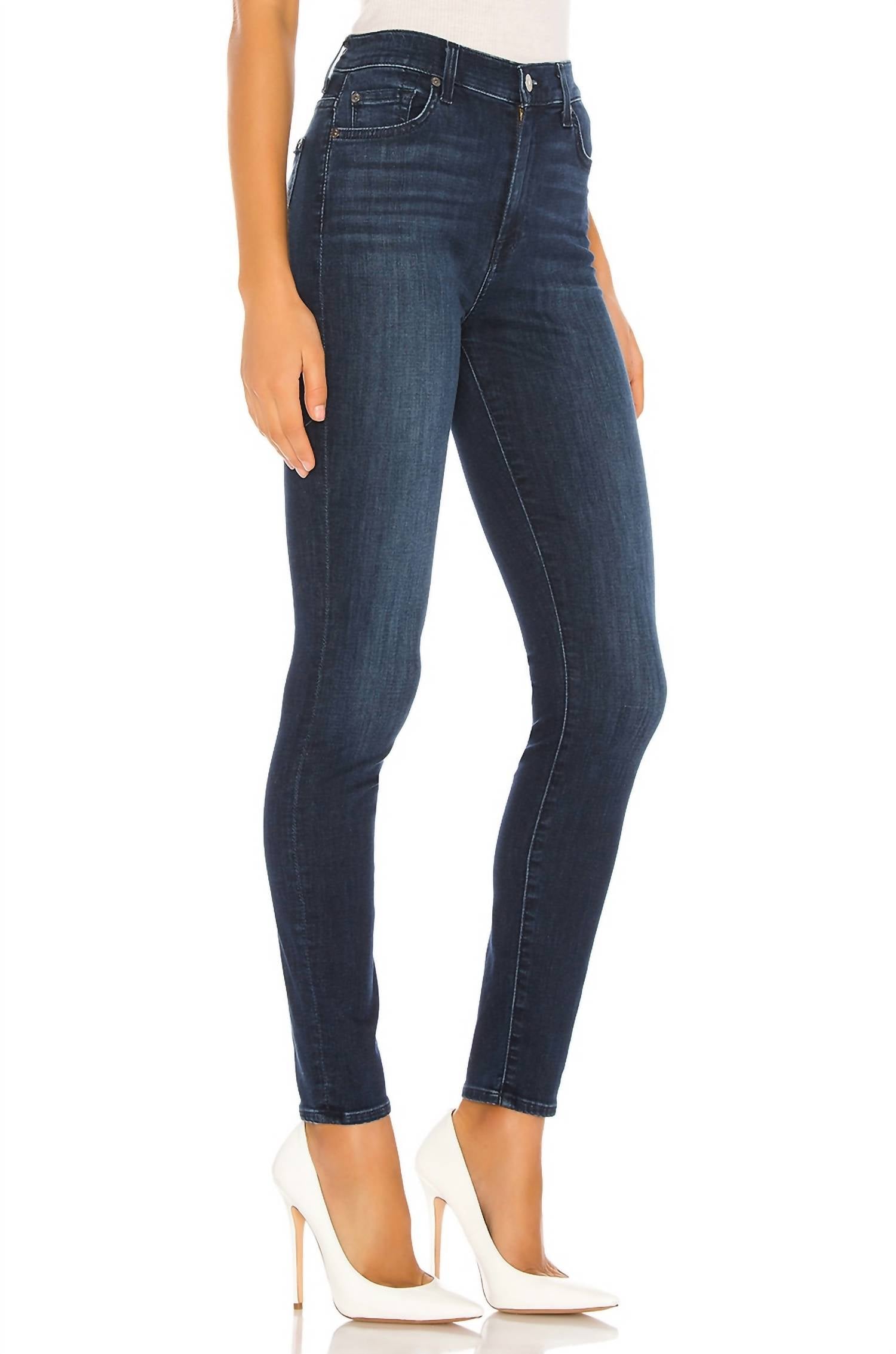 7 For All Mankind Blair High Waist Super Skinny Jeans in dark wash denim - women's jeans - detail view