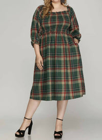 She + Sky - Plaid Smocked Midi Dress - Plus