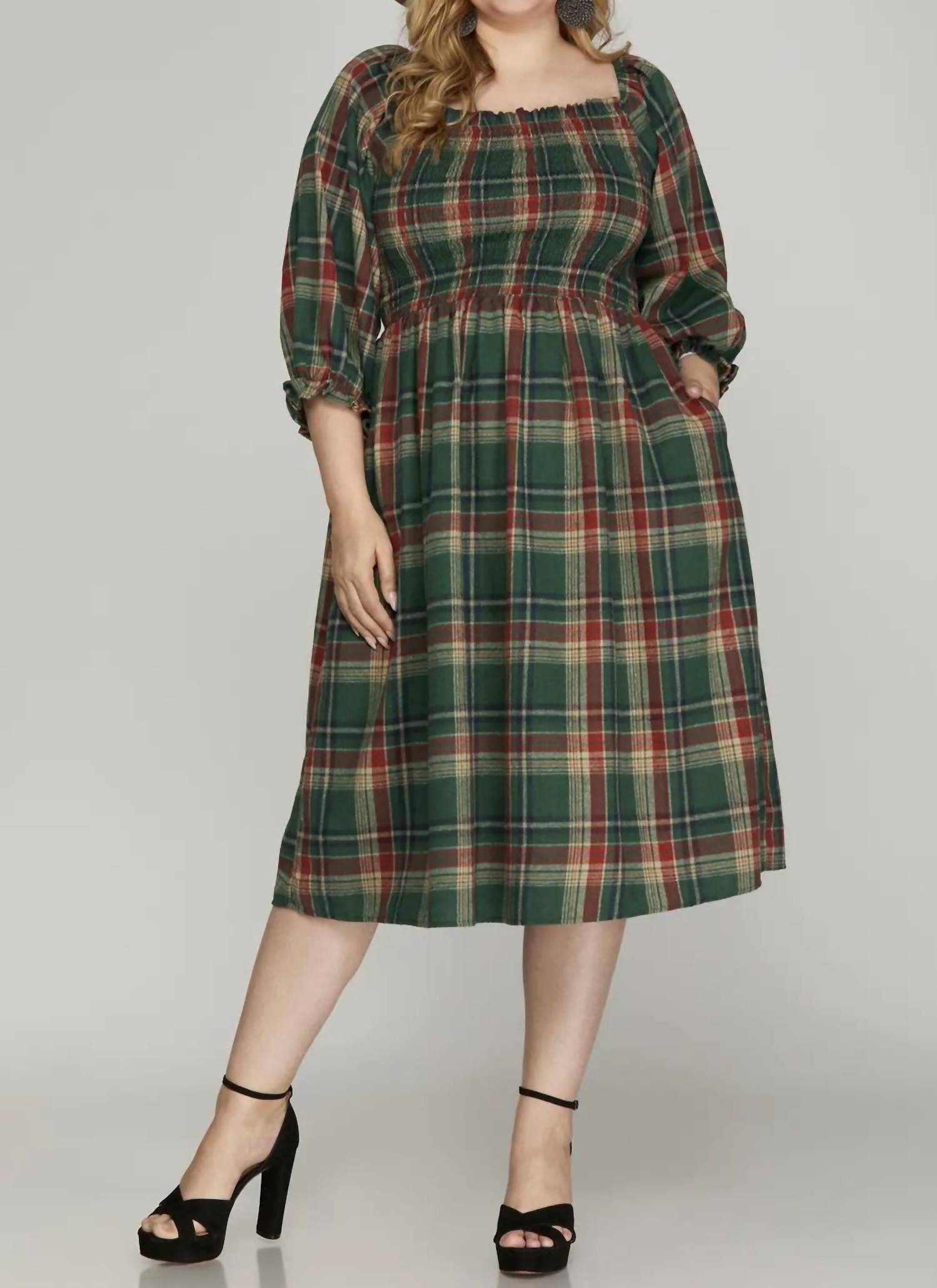 She + Sky - Plaid Smocked Midi Dress - Plus