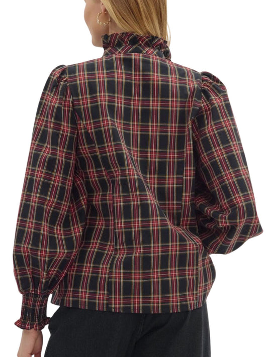 Entro - Plaid Ruffle Front Long Sleeve Top