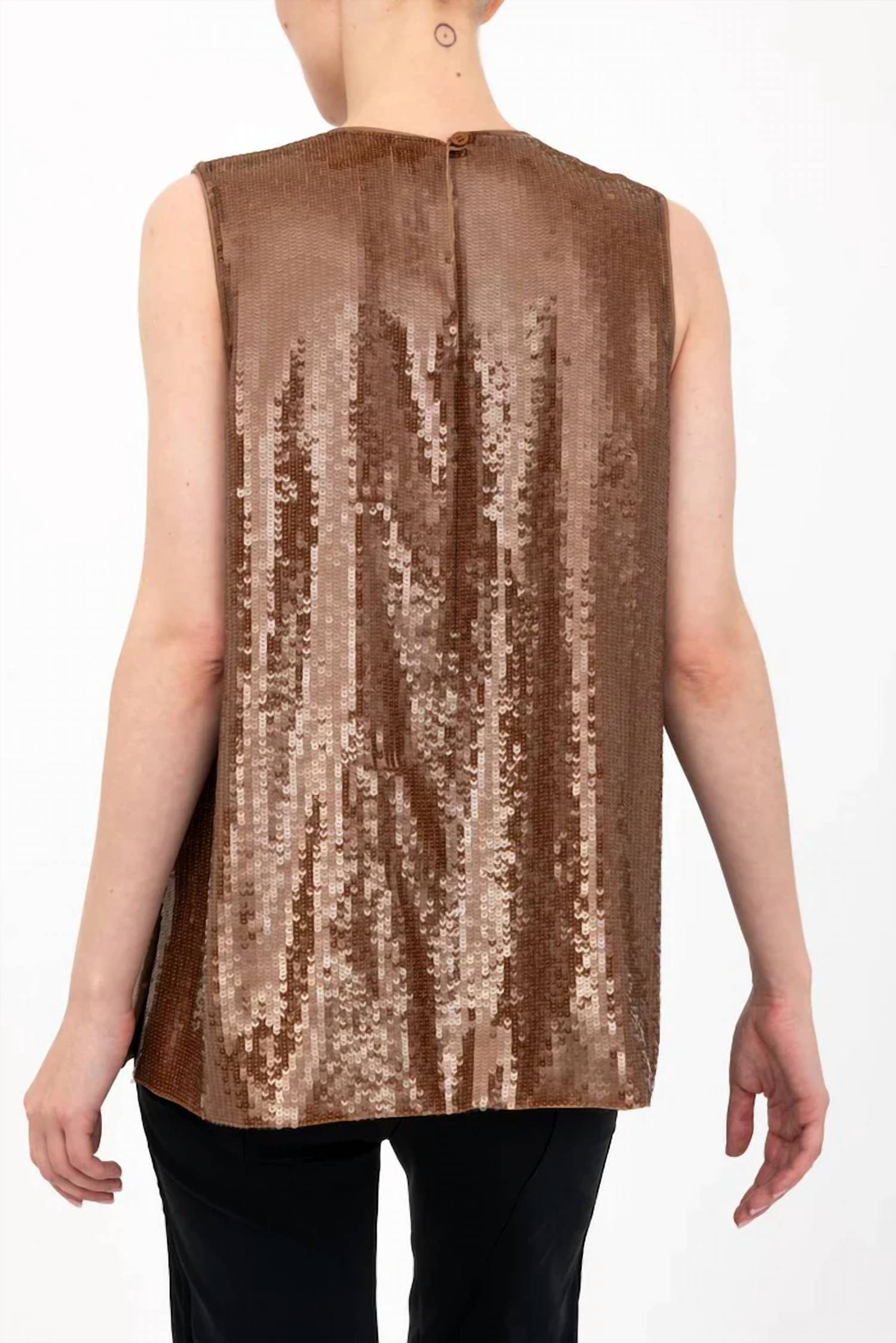 ELAINE KIM Ariana Sequin V Neck Shell Top in bronze - women's tank top - detail view