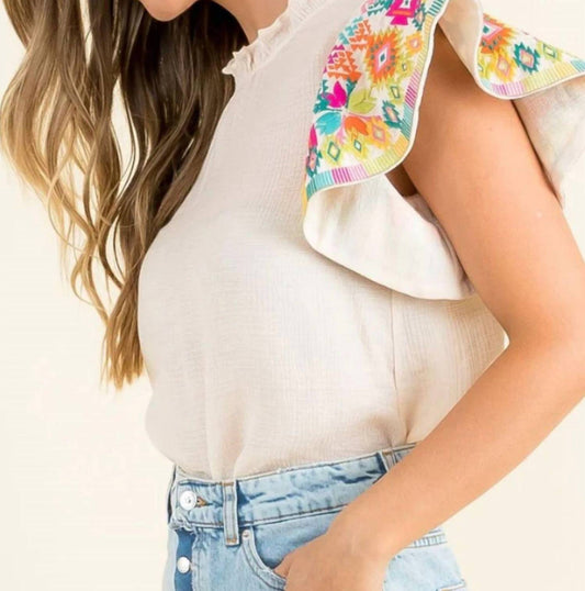 Thml - Embroidered Ruffle Sleeves Top