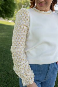 Fate Honey Bee Floral Puff Sleeve Top in white - women's blouse - detail view