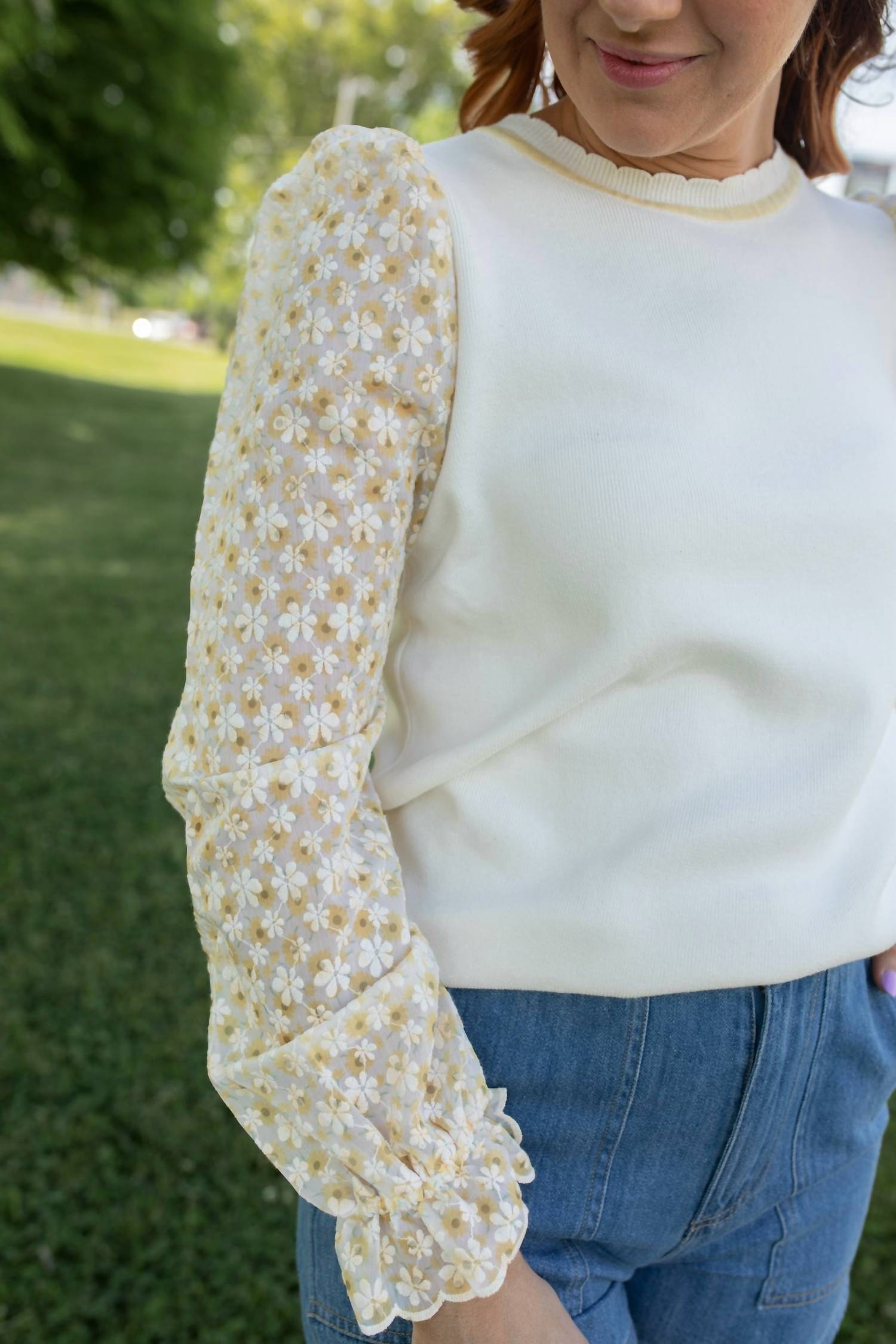 Fate Honey Bee Floral Puff Sleeve Top in white - women's blouse - detail view
