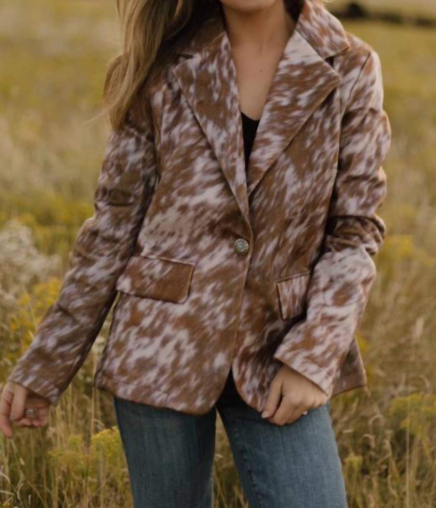 Sterling Kreek Cows Come Home Blazer in animal - women's jacket - detail view
