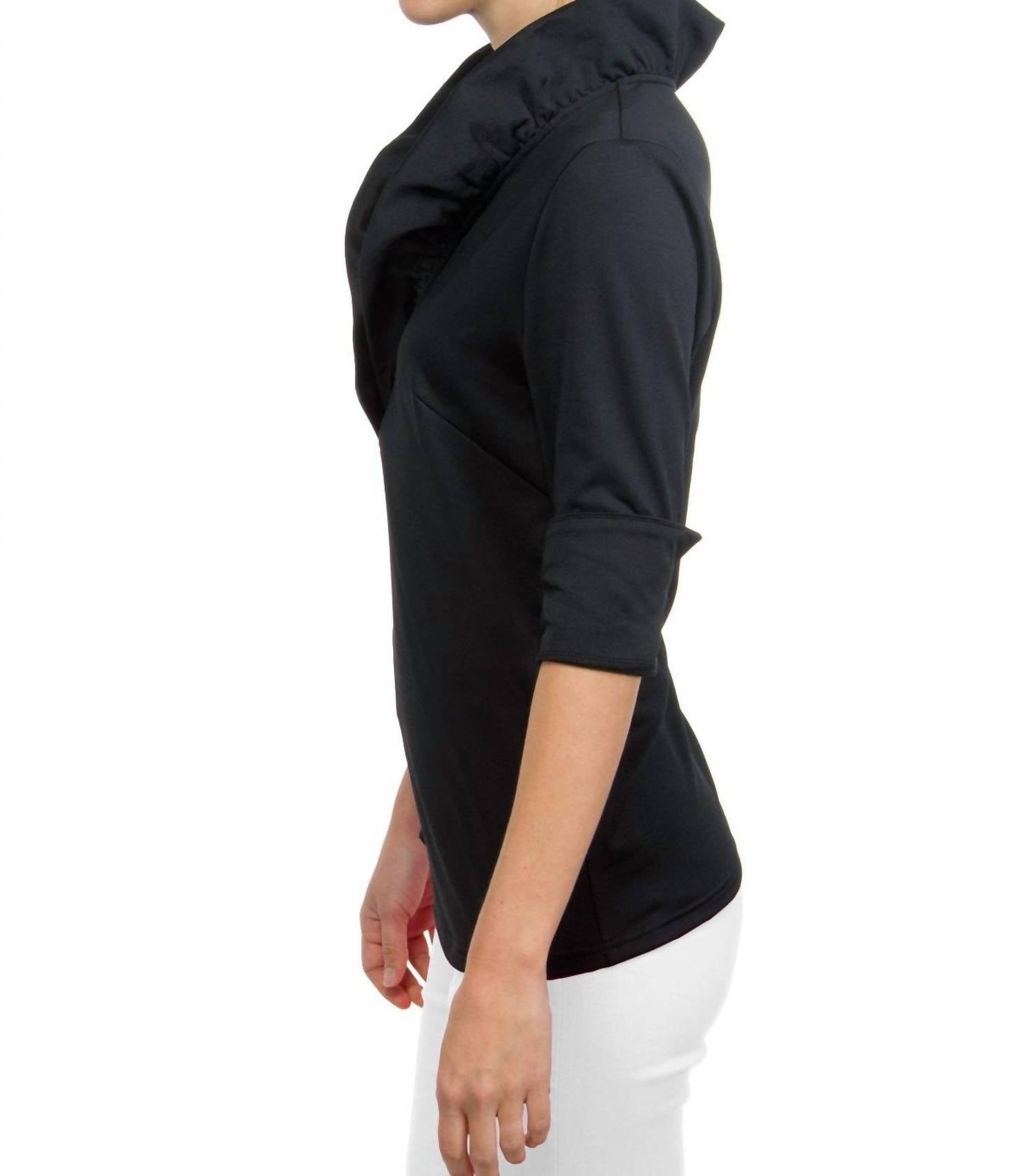 GRETCHEN SCOTT Jersey Ruffleneck 3/4 Sleeve Top in black - women's long sleeve top - alternate view