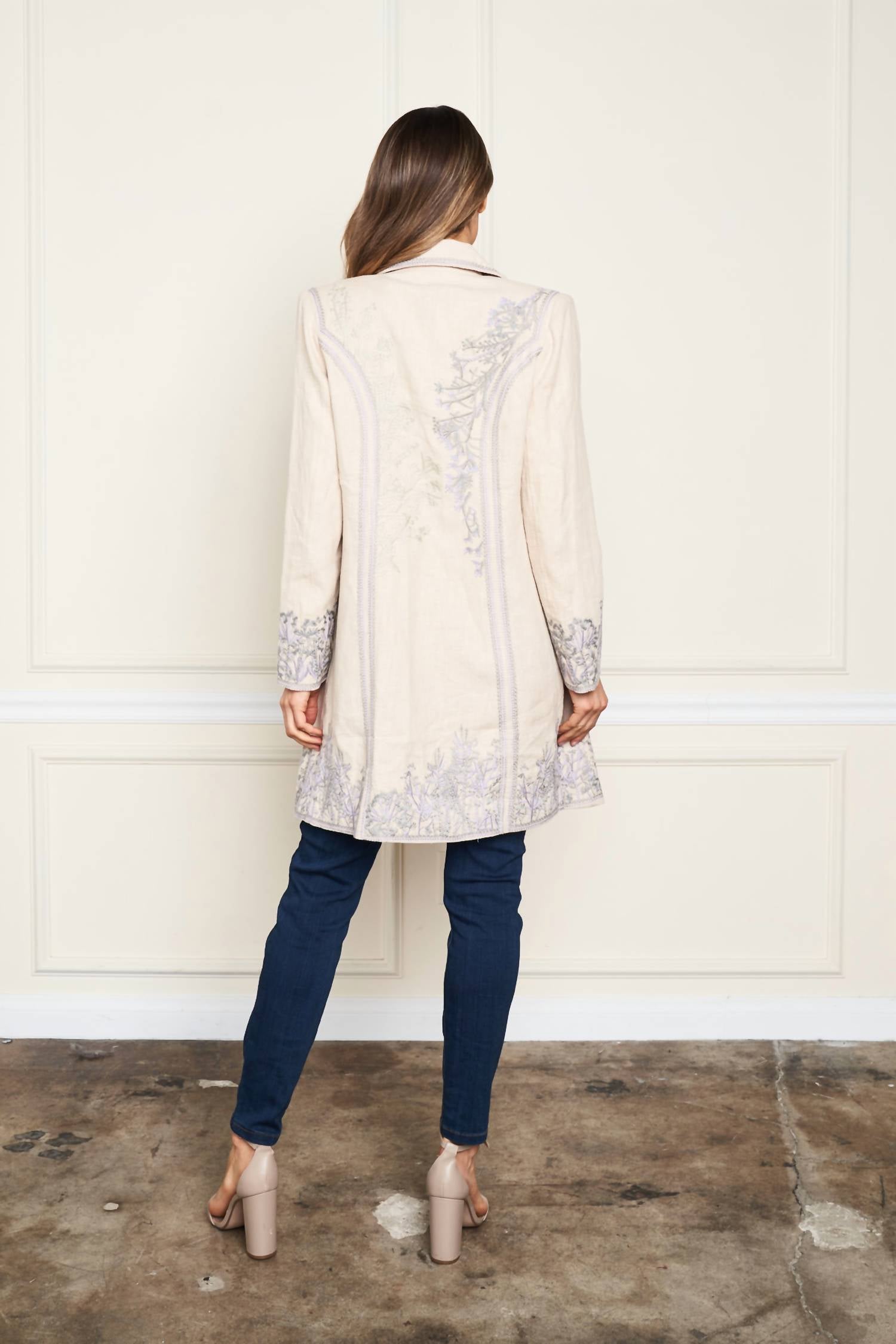 PAPARAZZI Linen Blend Jacket with Tonal Embroidery in oatmeal - women's jacket - view 8