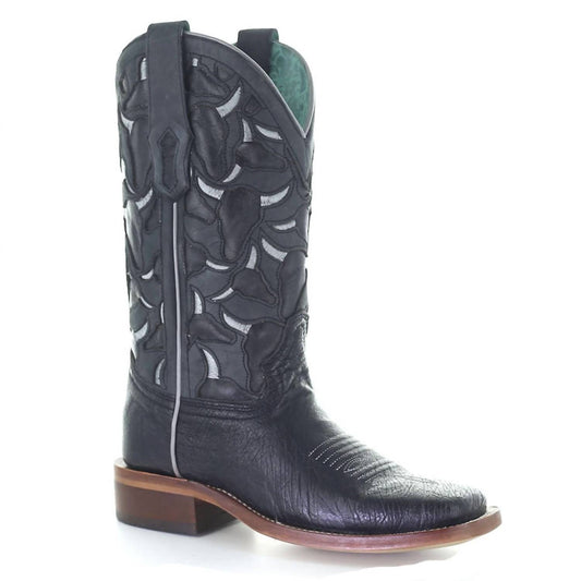 Corral - Ladies Black Ostrich Inlay & Embroidery Square Toe Cowboy Boot