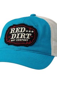 Red Dirt Hat Company Men's Rail Ride Unconstructed Snapback Cap in turquoise tan - men's hat - detail view