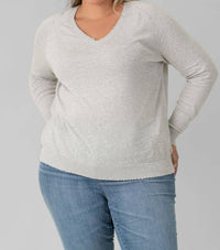 Minnie Rose - Cotton Cashmere Distressed Long Lseeve V-neck Sweater - Plus