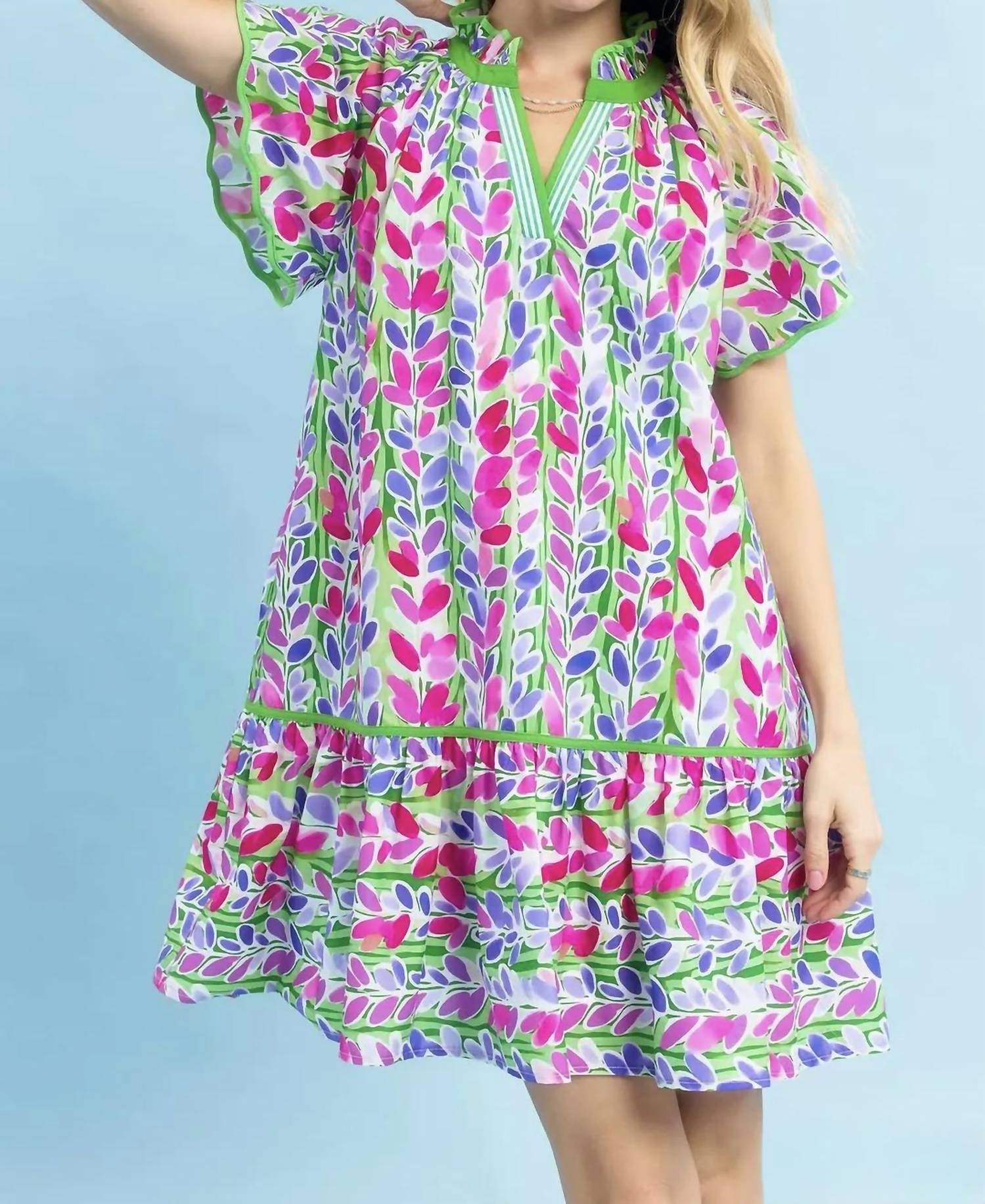 Umgee - Lining Vine Print Butterfly Sleeve Mini Dress