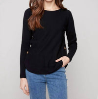 CHARLIE B Boat Neck Sweater With Buttons in black - women's sweater