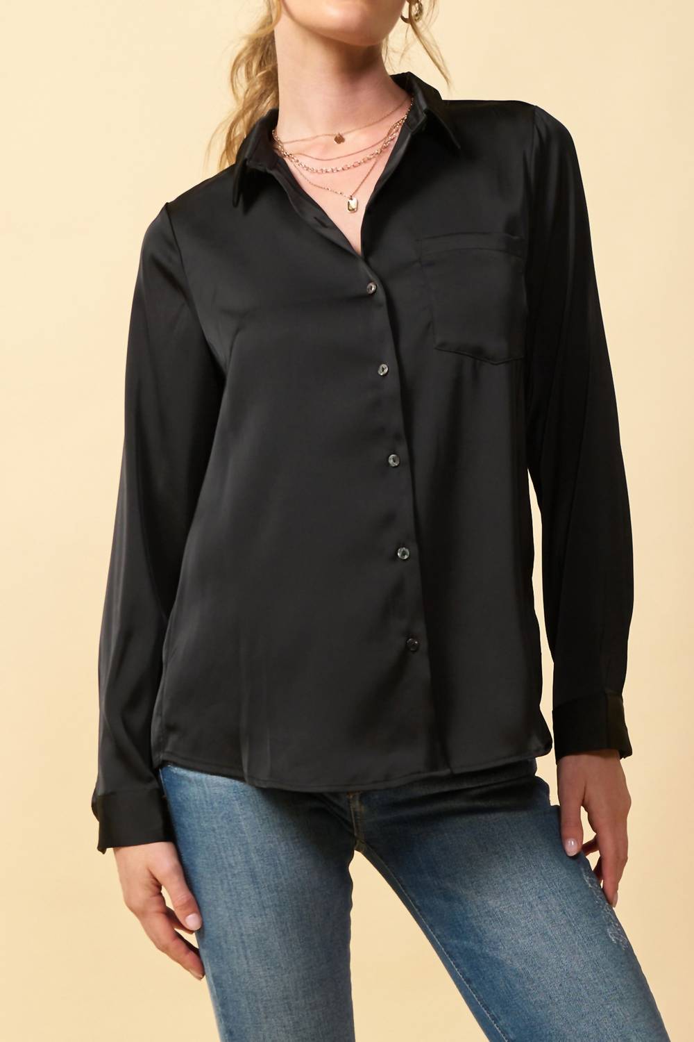 Skies Are Blue - Heidi Silky Satin Button Down Collared Blouse