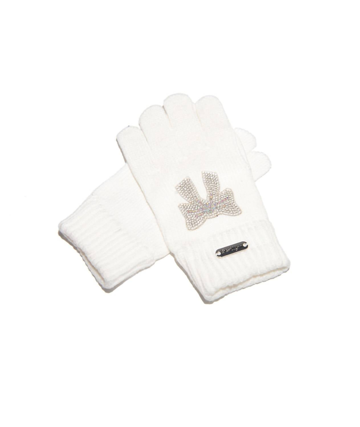 Bari Lynn Kid's Crystal Bow Winter Gloves in ivory - kids' accessory