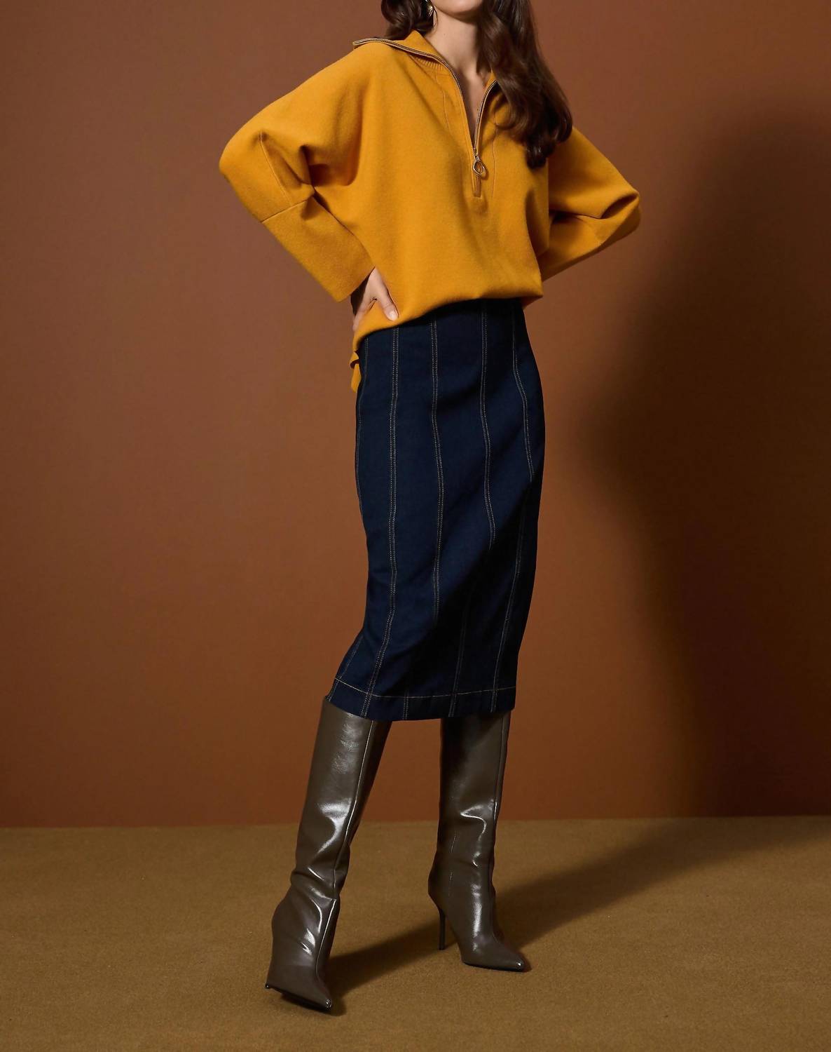 Joseph Ribkoff - Panelled Stretch Midi Denim Skirt