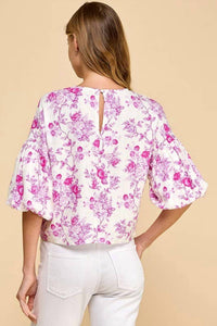 Tcec - Floral Puffed Sleeves Boxy Top