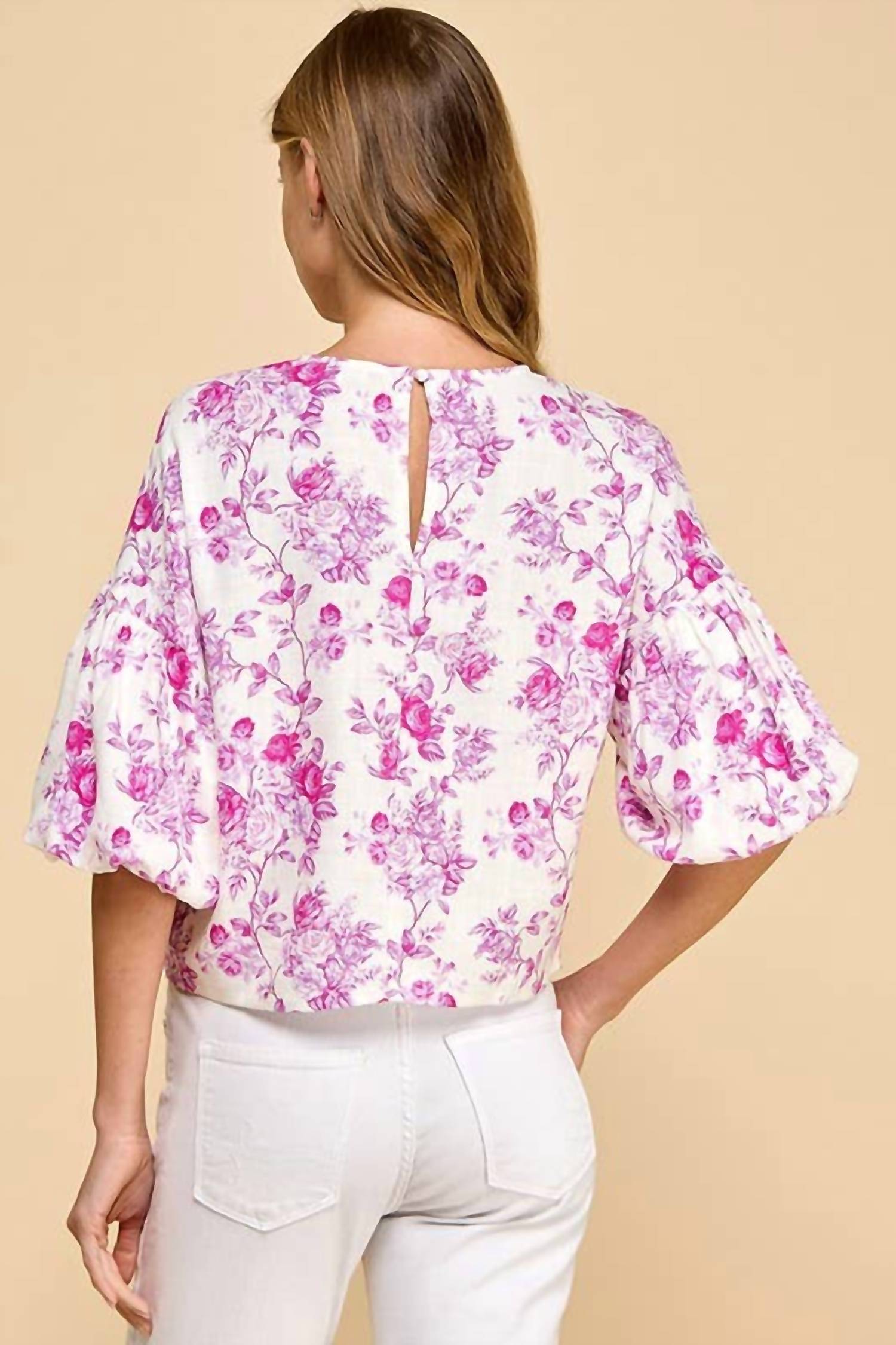 Tcec - Floral Puffed Sleeves Boxy Top