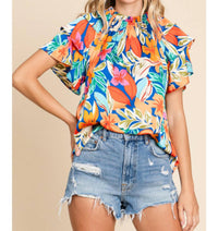 Jodifl - Tropical Floral Print Ruffled Sleeve Top