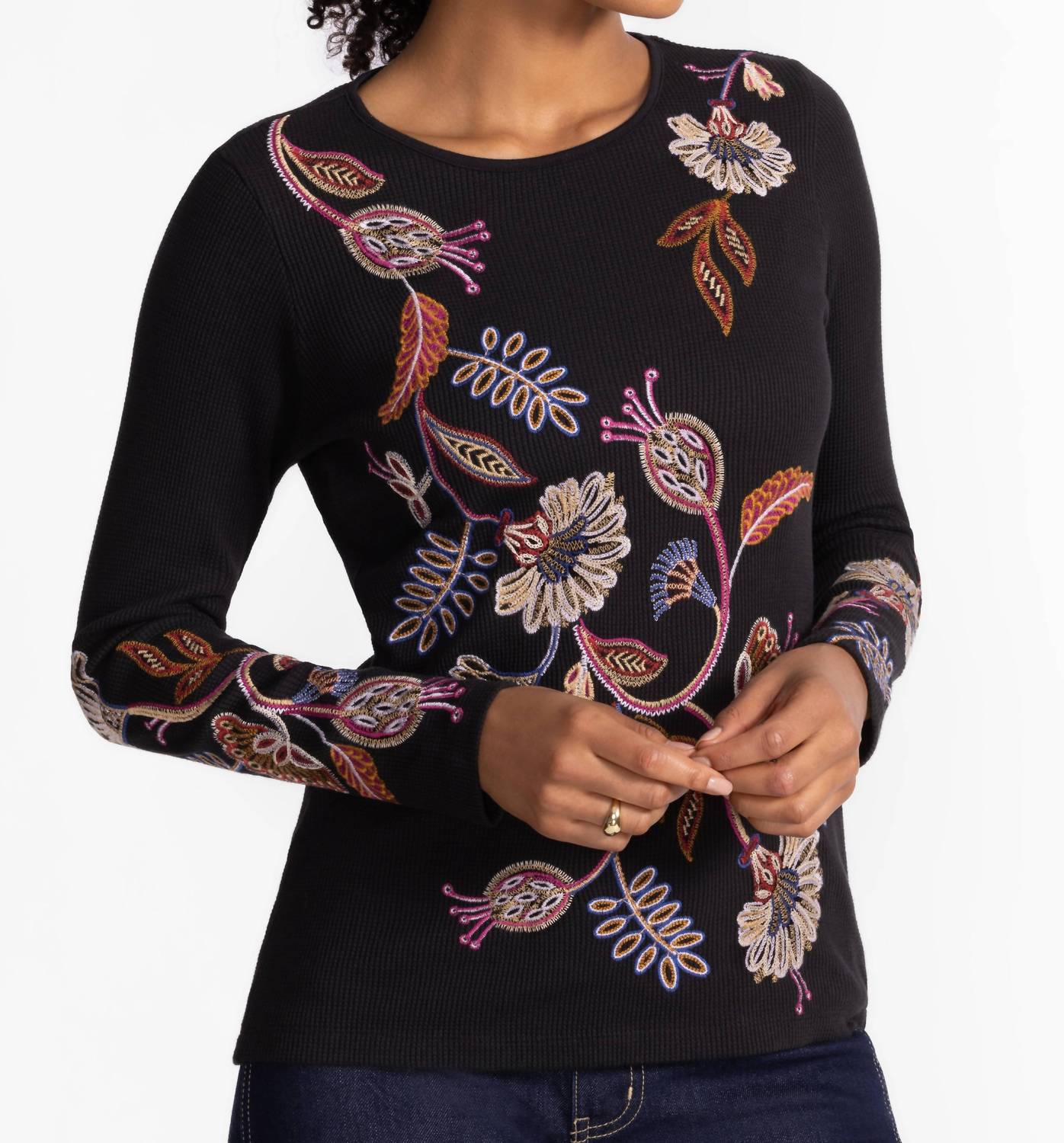 Johnny Was Gineva Long Sleeve Thermal Top in black - women's long sleeve top