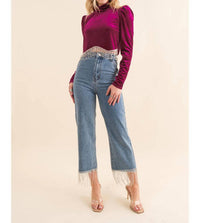 Blue B - High Waist Straight Cut Rhinestone Fringe Jeans