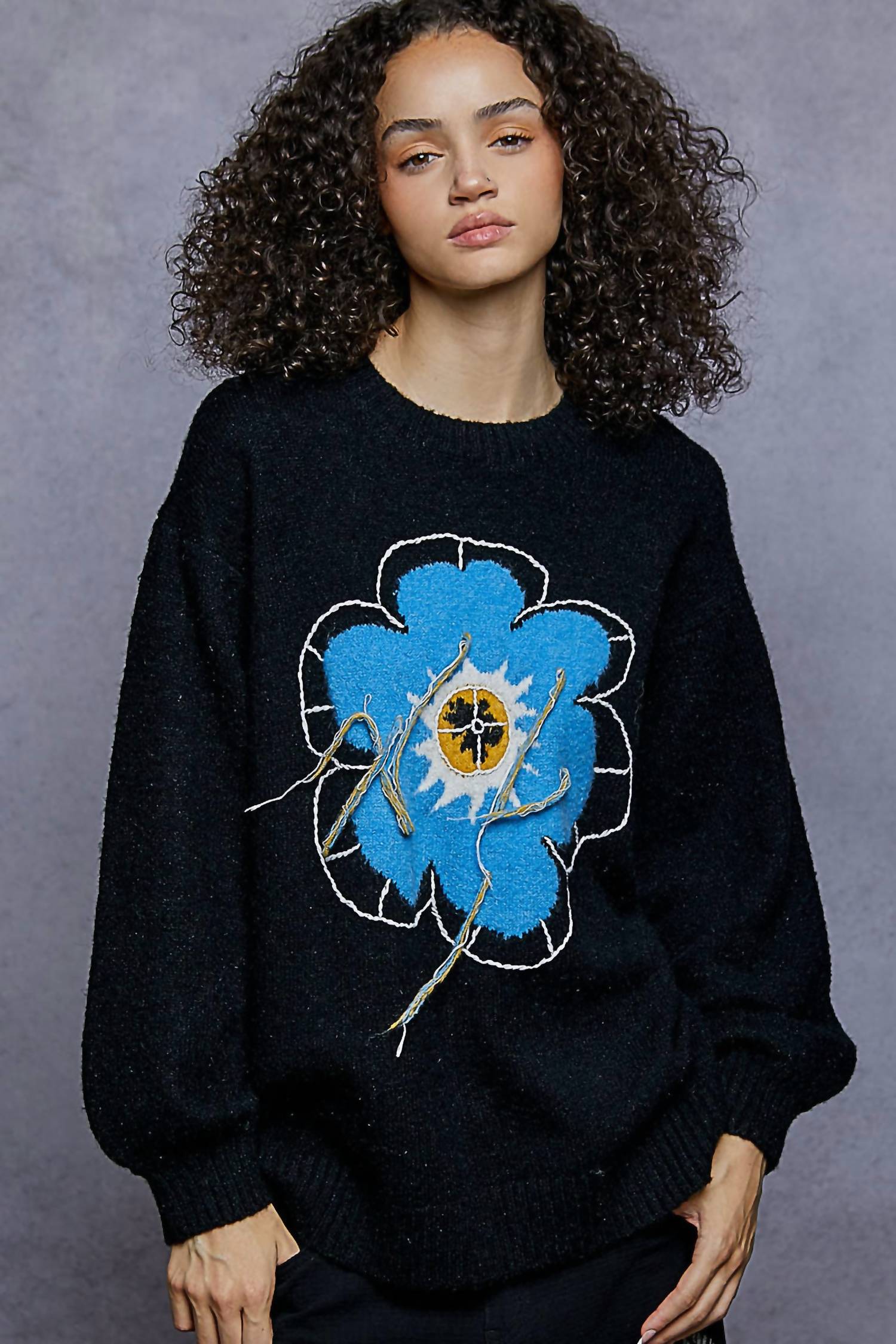 Pol - Contrast Floral Fringe Detail Sweater