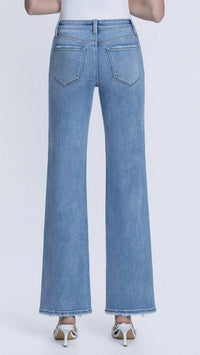 LOVERVET Mid Rise Full Length Distressed Hem Slim Wide Leg Jeans in medium wash - women's jeans - alternate view