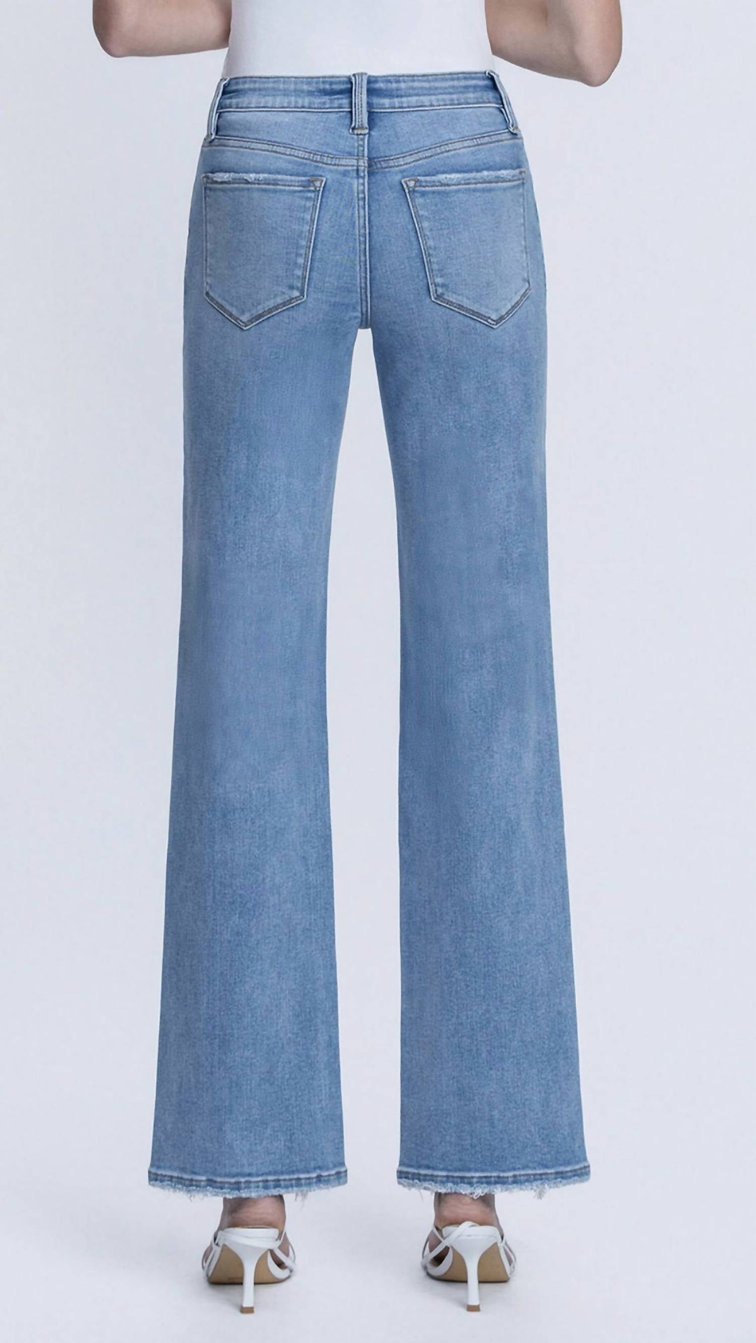 LOVERVET Mid Rise Full Length Distressed Hem Slim Wide Leg Jeans in medium wash - women's jeans - alternate view