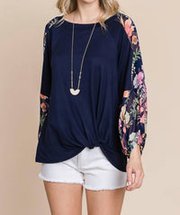 Emerald Collection - Floral Chiffon Sleeves Contrast Top - Plus