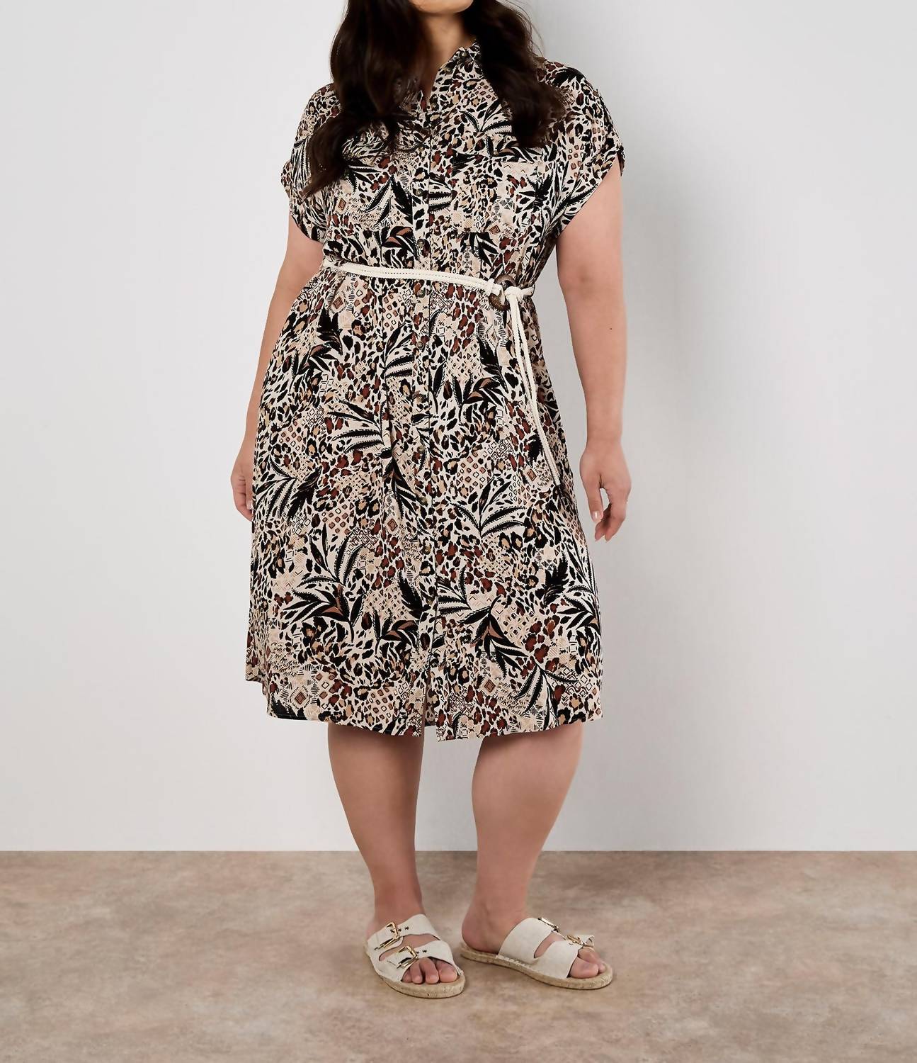 Apricot - Mixed Animal Print Shirt Midi Dress