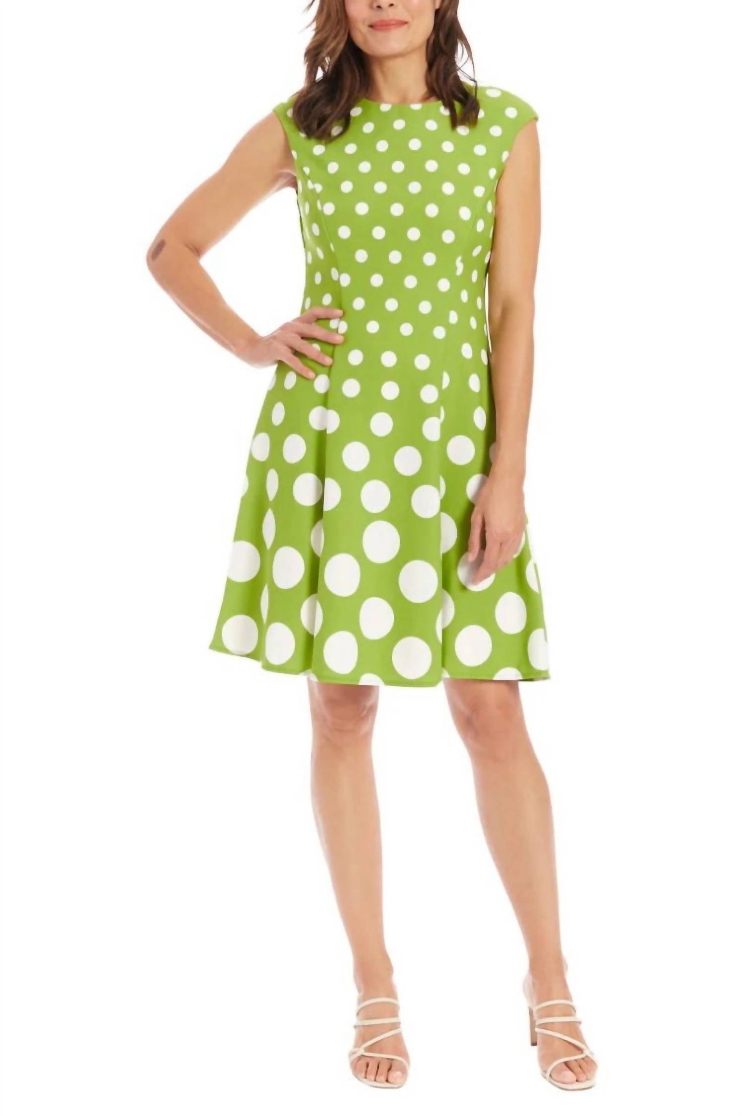 London Times - Crew Neck Box Pleated Polka Dot Print Jersey Dress