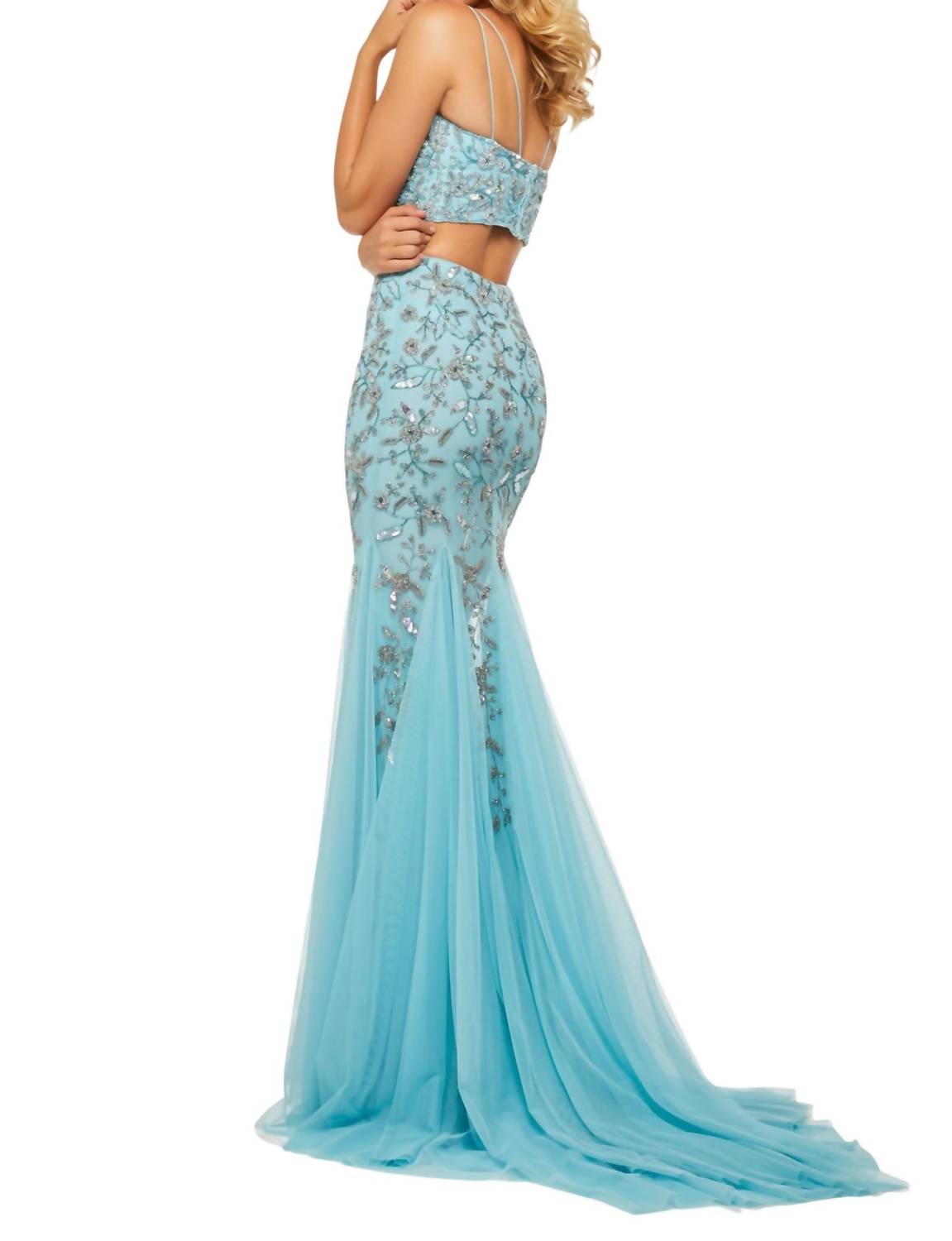 Sherri Hill Two-piece Mermaid Gown in light blue - women's dress - detail view