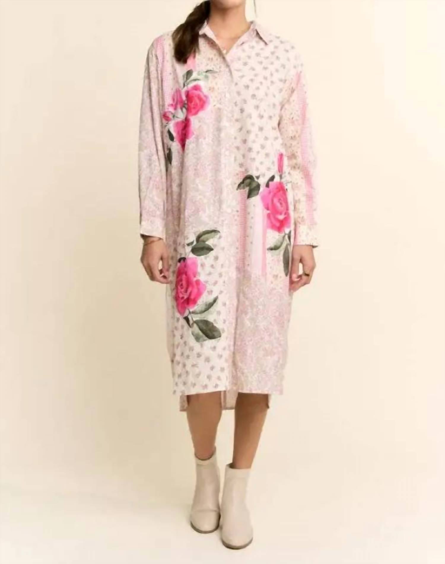 Davi & Dani - Women's Printed Flower Patched Maxi Duster Shirt Top
