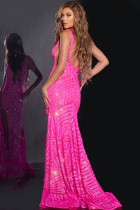 JOVANI V-neck Sleeveless Gown With High Slit And Sequins in neon hot pink - women's dress - alternate view