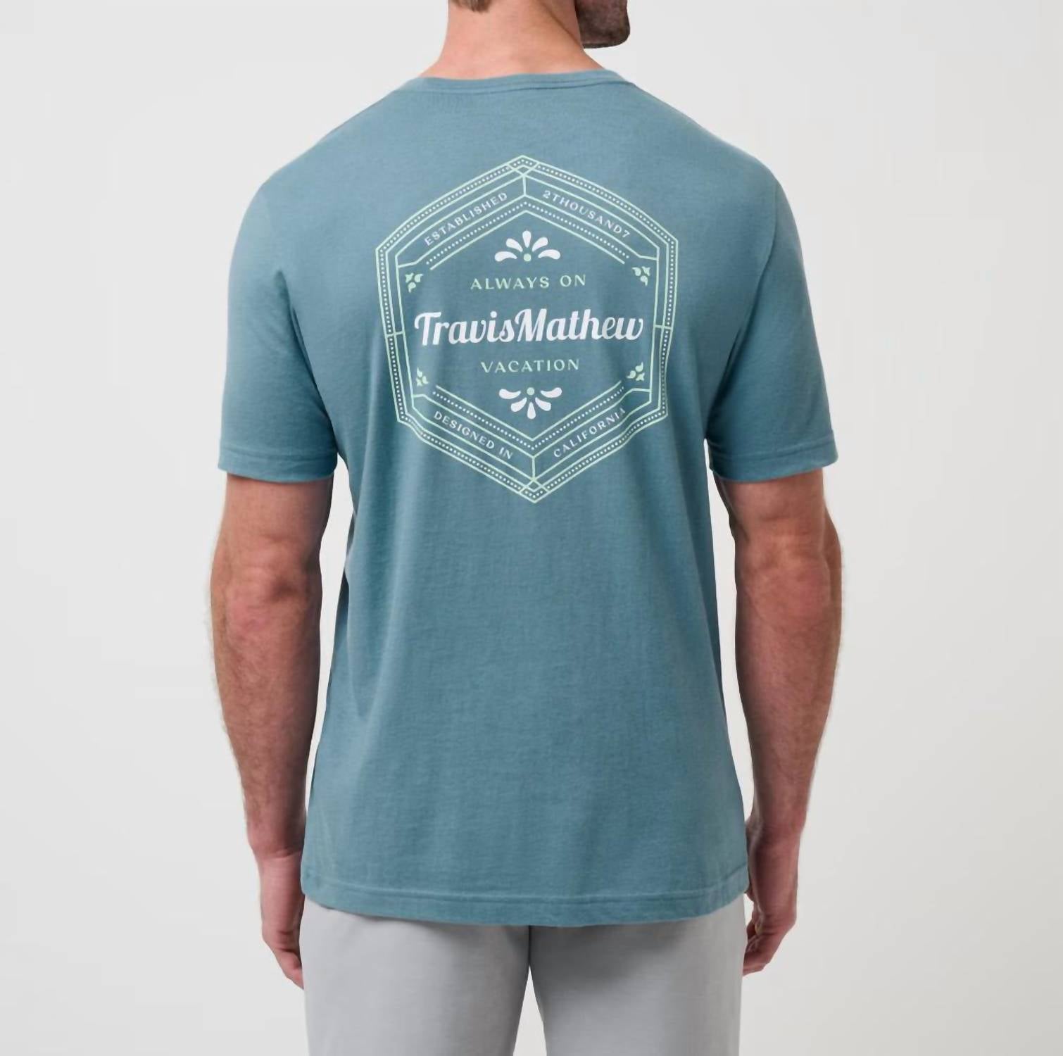 TravisMathew Maximum Stay Short Sleeve Tee in captains blue - men's t-shirt - detail view