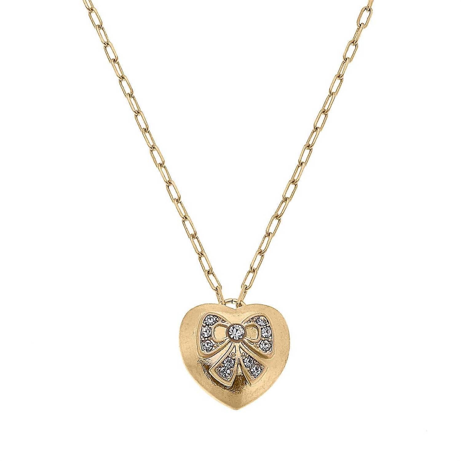 Canvas Style - Women's Crystal Bow And Chain Link Heart Pendant Necklace