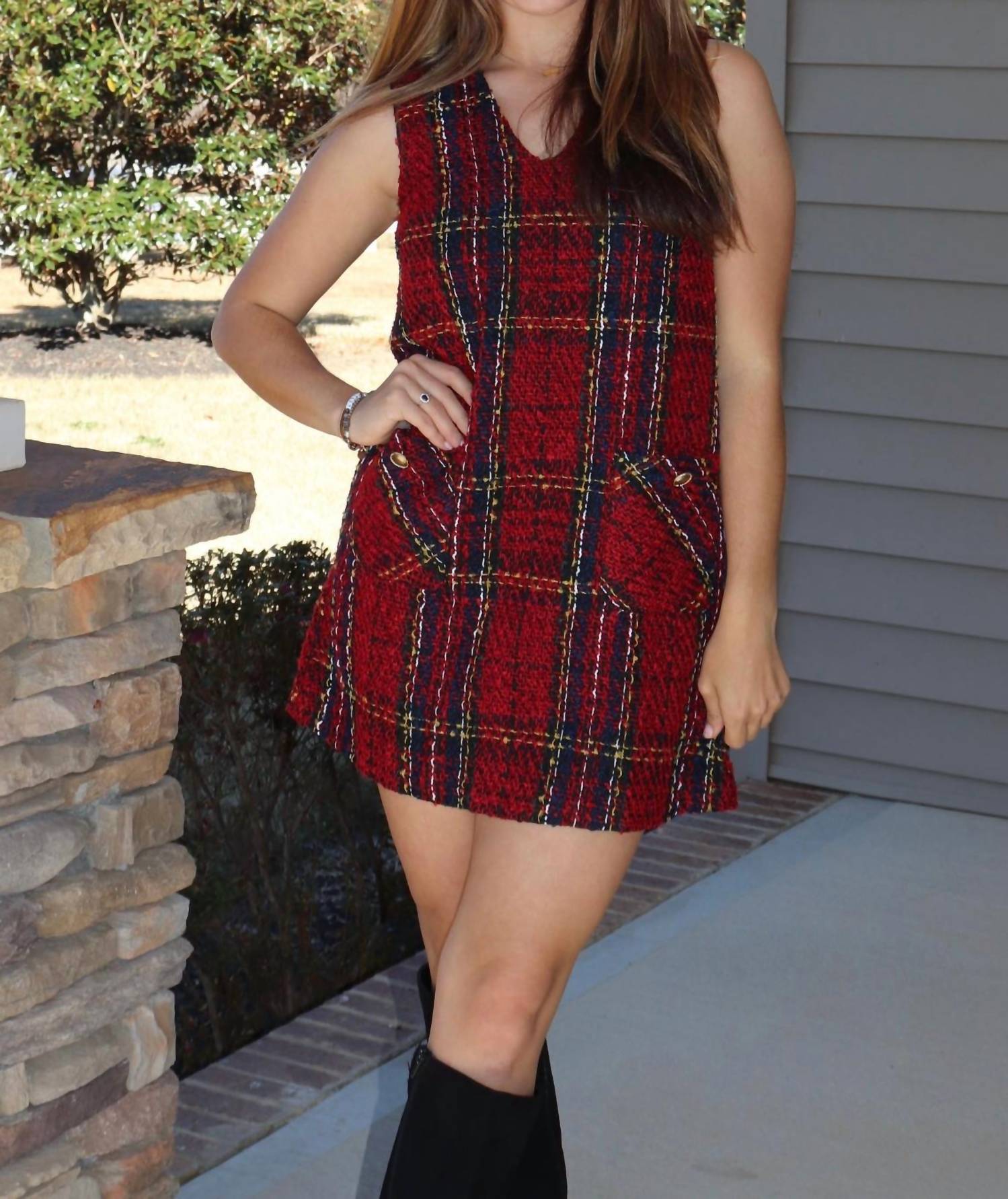 day + moon Sleeveless Tweed Plaid Dress in red - women's dress - view 4