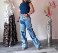 Muy Muy Fancy - Denim Print Patch Pants