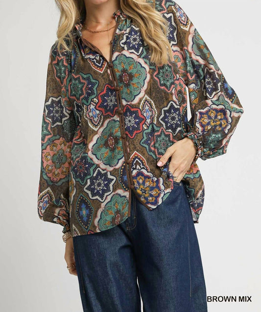 Umgee - Boho Mosaic Print Button Down Blouse With Balloon Sleeves