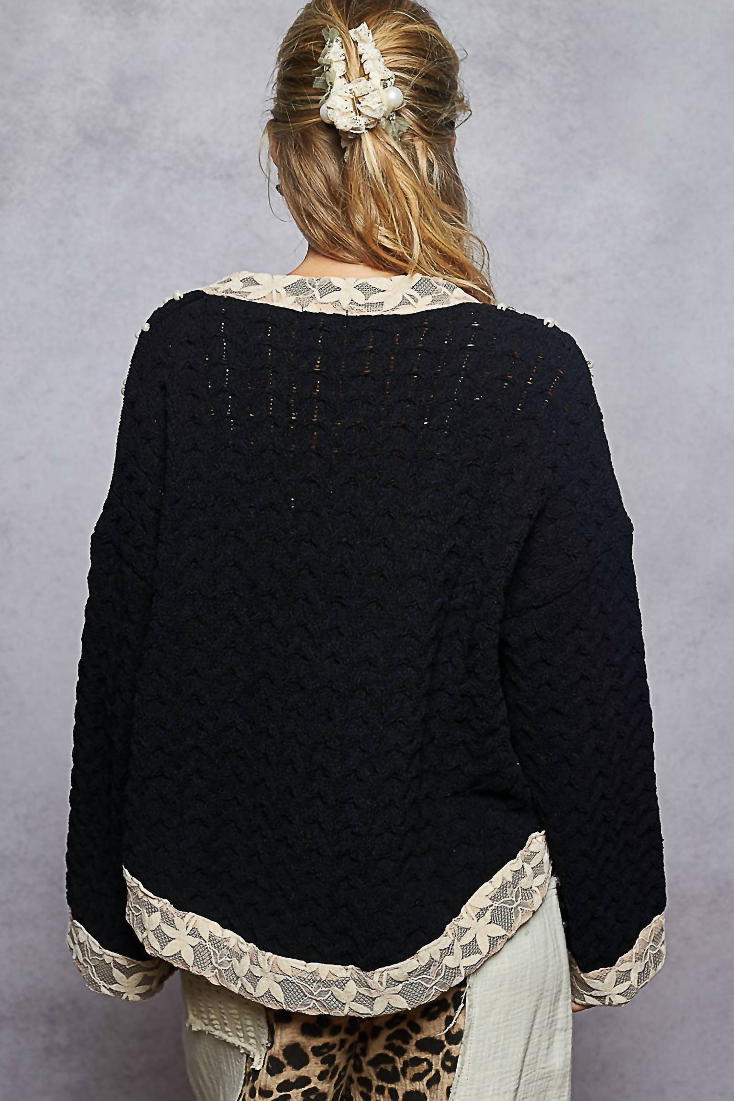 POL Chenille And Pearl Cardigan in black - women's cardigan - alternate view