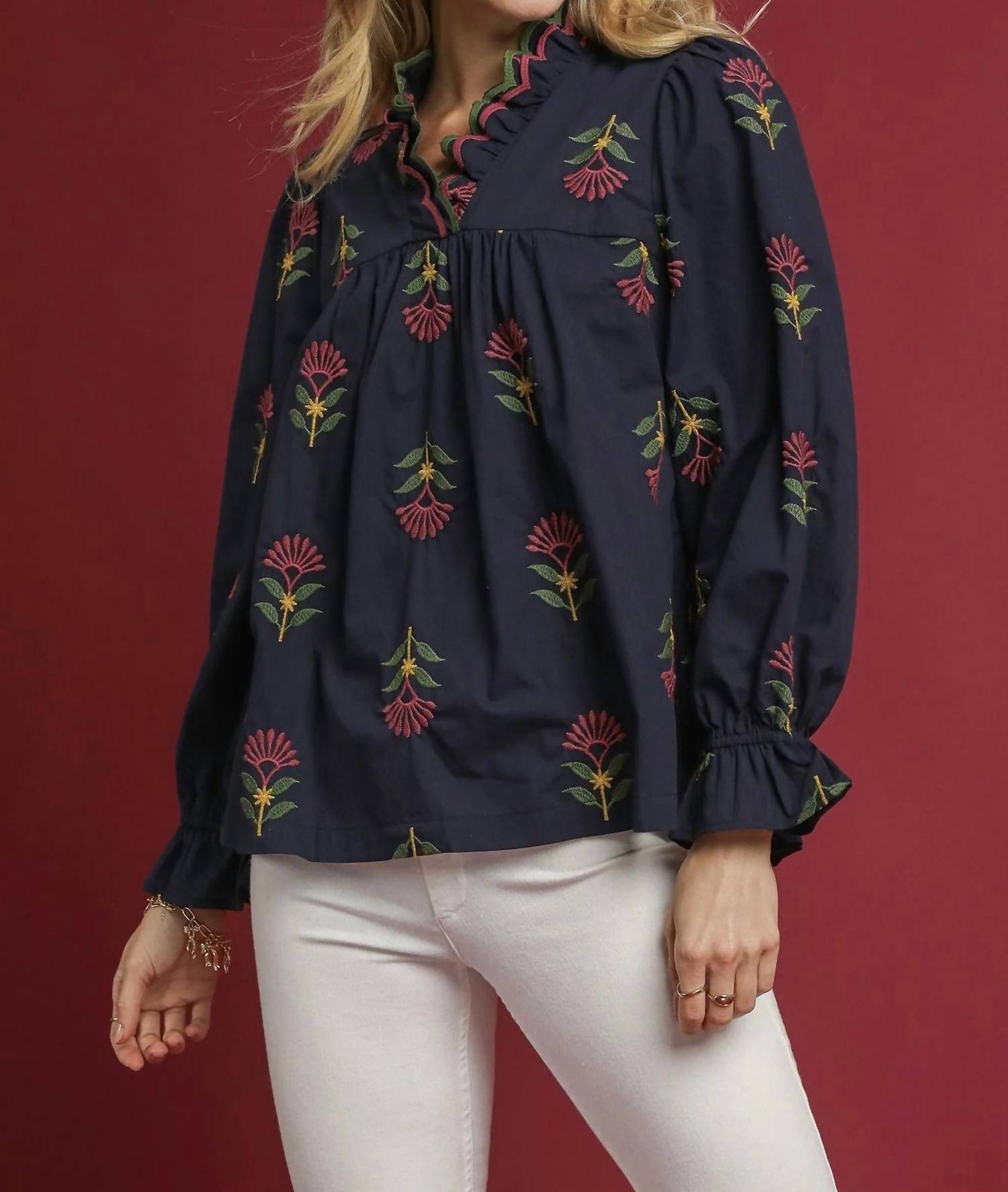 Umgee - Embroidered Floral Ruffle Neck Blouse